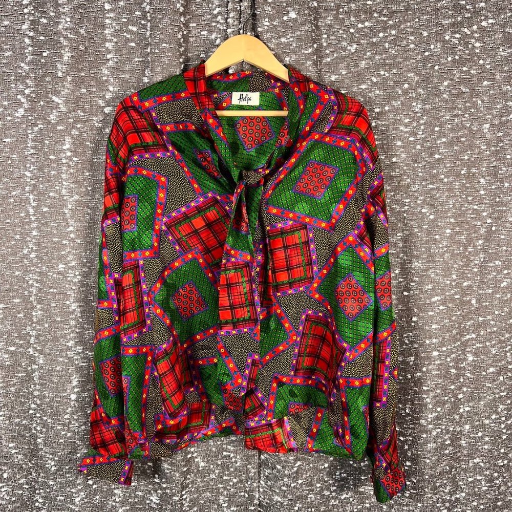 Helga Geometric Long Sleeve Silky Blouse Top W/‎ Tie